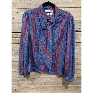 Arabella Blake Women's Tie‎ Neck Multicolor Paisley  Shirt Size 14 Long Sleeve
